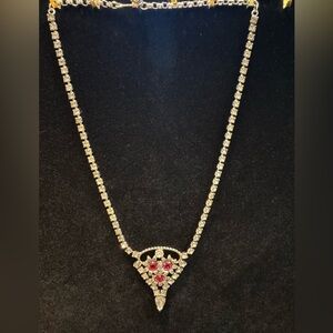 Silver-Tone and Red Rhinestone Floral Necklace